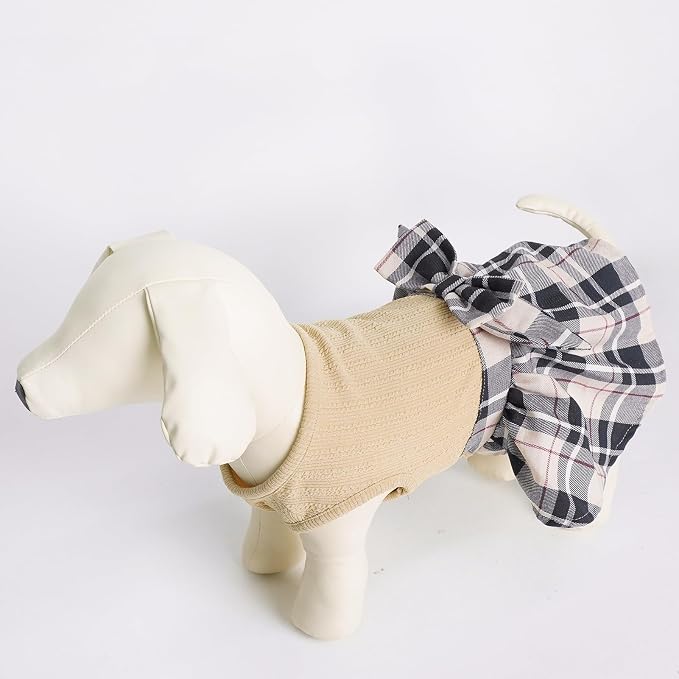 PUPTECK Cute Soft Plaid Dog Dress with Bow Puppy Skirt Clothes, Beige M | Breathable Lightweight Adorable Puppy Doggie Pet Clothes Outfits Apparel Costume for Small Medium Large Dogs Girl