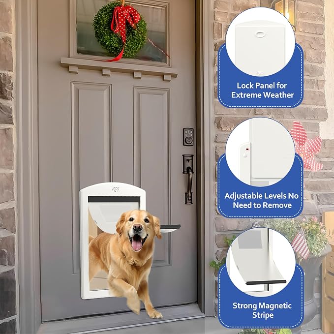 [Classicmacher] White Frame Dog Doors for Medium Dogs, Strong Plastic Pet Door with Sliding Lock Panel and Magnetic Soft Flap, Doggy Door for Door, Doggie Door Up to 25Lbs (Medium,White)
