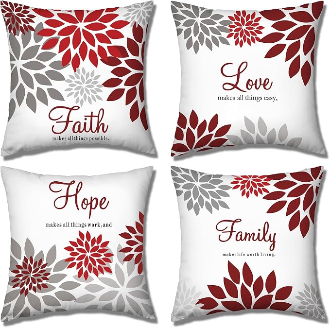 Tatuo 4 Pcs Flower Pillow Covers Square Summer Pillow Cushion Cases 18 x 18 Inch Family Faith Hope Love Words Decorative Spring Winter Cushion Case for Bed Couch Sofa Living Room(Red Series)