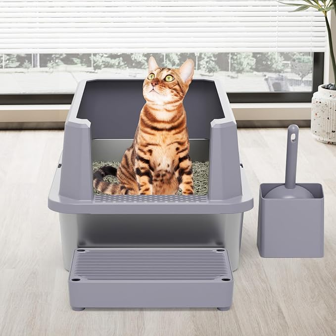 RIZZARI Open Cat Litter Box: Stainless, High Sided, Easy Clean | Spacious for Large Cats / 304 Stainless Anti-Odor / 6.5" Splash Guard / Leak-Proof Seams / Apartments & Laundry
