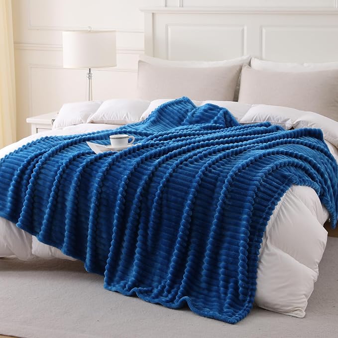 Classic Blue Throw Blanket for Couch Sofa 60"x80" Striped Design