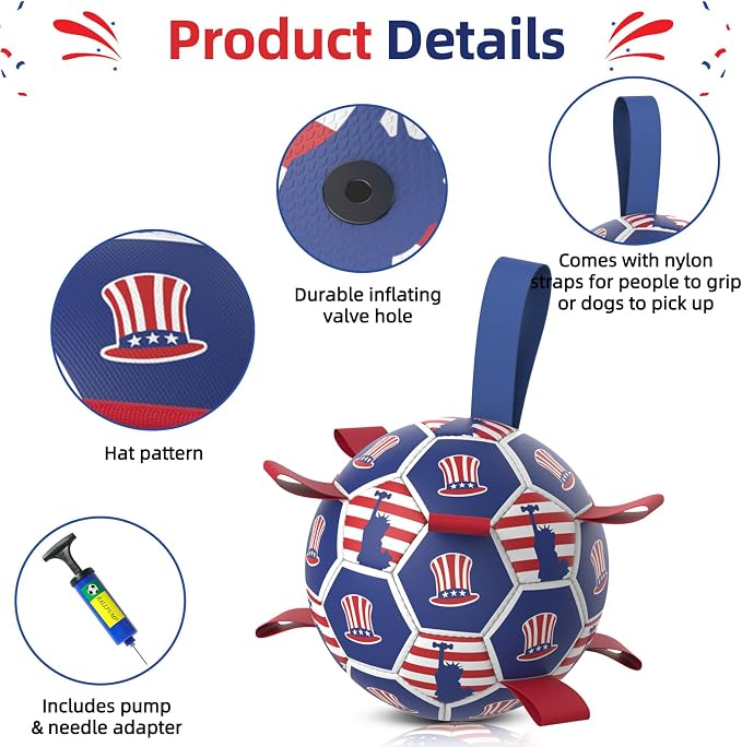 Diman Dog Balls, 6 Inch Dog Soccer Ball with Straps, Independence Day Gift