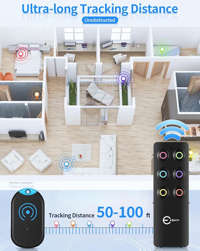 Esky Ultra Slim Key Finder Locator with 80dB Sound and 6 Receivers | Remote Wallet Tracker and Item Locators Beeper Tags for Finding Key, TV Remote, Wallet, Pets and Phone, Gifts for Women