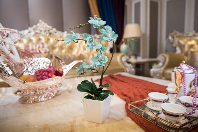 15" Silk Phalaenopsis Orchid in Square Pot, Teal Flower Plant Arrangements | Lifelike Faux Potted Blooms with Moss in a Ceramic Planter. Looks Real, Zero Upkeep, Ideal Centerpiece for Any Table