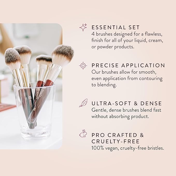 BK BEAUTY - ESSENTIALS FACE BRUSH SET (4PC) - Professional Makeup Brush Set for Liquid or Cream Foundations, Powder, Bronzer, Blush | Premium Makeup Brushes for Flawless Application