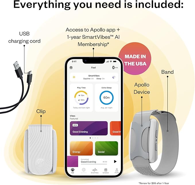 Apollo Neuro Wearable & 12-Month SmartVibes AI Membership – Sleep Aid & Stress Relief Device | Fall Asleep Faster, Sleep Longer & Deeper | Boost Focus, Relaxation & Calm (Rose)