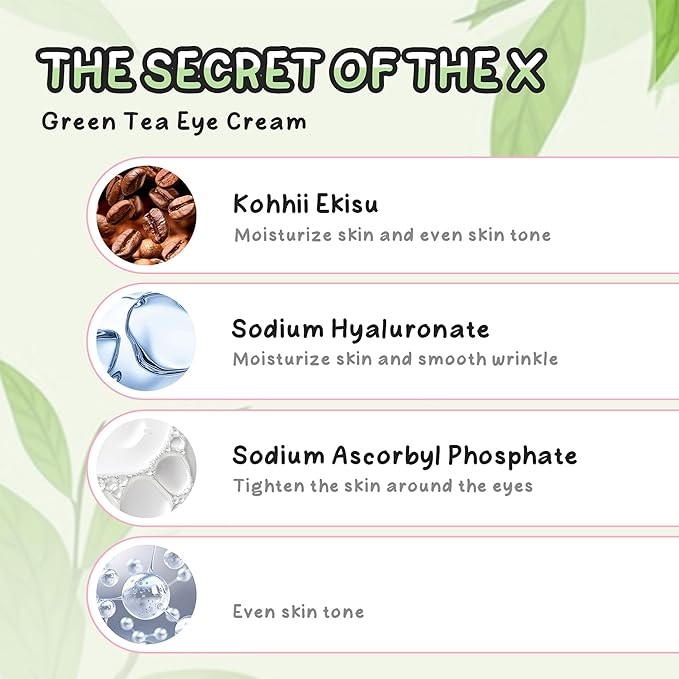 Green Tea Triple-roller Eye Cream, Multi-Effect Under Eye Cream for Smooth Wrinkle & Tighten Skin, Day & Night Moisturizing Eye Cream with Green Tea Extract, Reduce Wrinkles Fine Lines & Bags