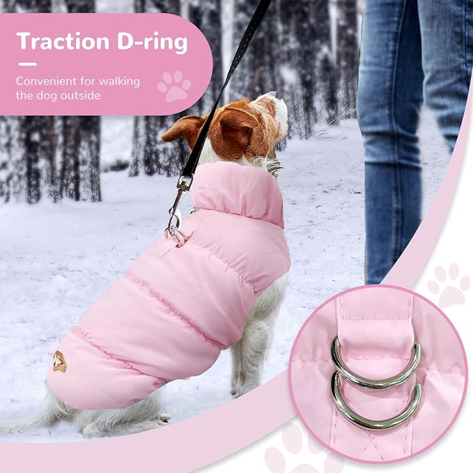 ABRRLO Winter Warm Dog Jacket for Small Medium Dogs Cat Cold Weather Coats with Harness Paded Dogs Fleece Vest Waterproof Windproof Dog Snow Jacket Pet Puppy Clothes (Pink,XXL)