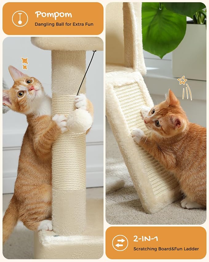PAWZ Road 30" Cat Tower, Small Cat Tree with 2 Condos for Indoor Cats | cat trees for small cats,cat houses with scratching ramp and posts,dual condos&top perch for multi-cat