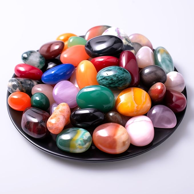 Polished Colorful Crystal Stone Set – 24 Types, 0.8" Large Tumbled Gemstones, Bulk Decorative Pretty Rocks Collection for Meditation, Reiki, Healing, Mancala Stones and Crafts