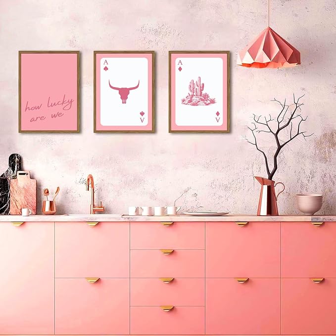 Pink Western Wall Art, How Lucky are We Wall Decor Picture Southwestern Cowgirl Playing Card Poster Canvas Print Bull Skull Painting Artwork for Bedroom Living Room 12x16 inch Wood Framed