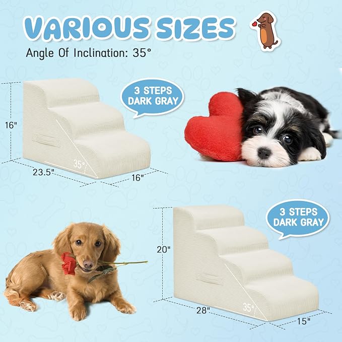 Mesa Lemon 3 Step Dog Stairs Pet Ramp for High Beds, Sofas and Cars | High Density Foam, Non-Slip Bottom, Removable Washable Cover, Portable Handle, Holds Up to 50 lbs, 16 Inch Height