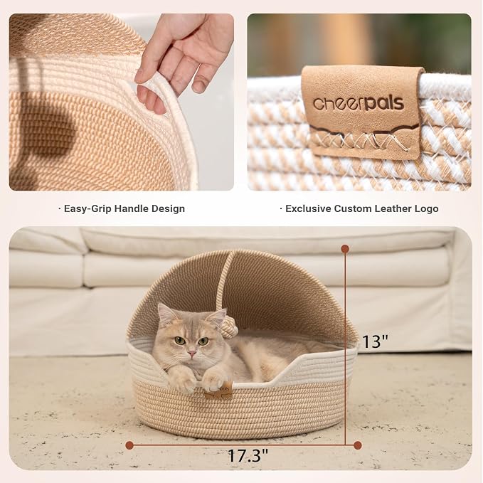CHEERPALS Cat Basket Bed with Washable Cushion and Ball Rope Cotton, Covered Pet Bed for Indoor Cats Cave Bed Hooded, Stimulicat Cat Bed Handwoven Breathable, All Season Universal(White)