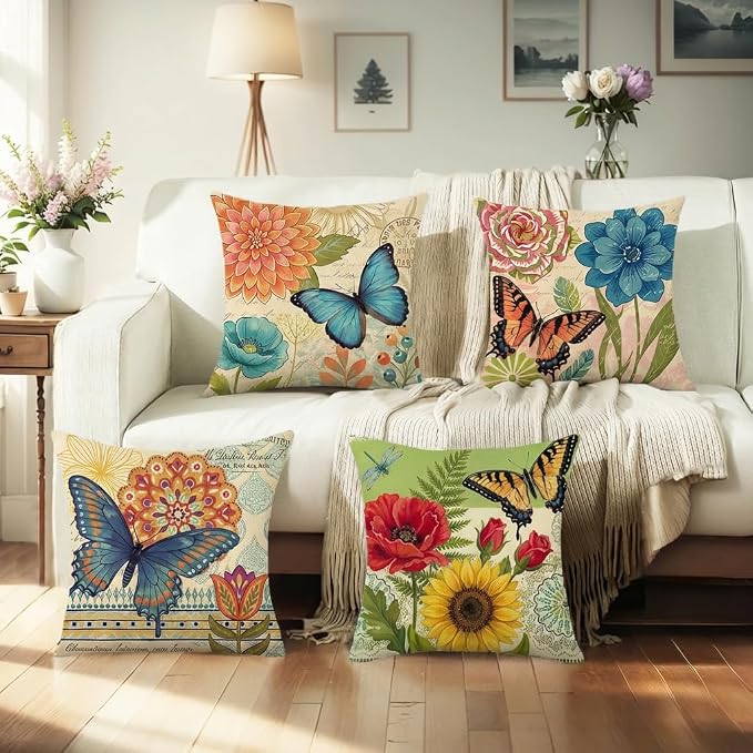 wyooxoo Spring Summer Pillow Covers 20x20 Set of 4 Farmhouse Throw Pillow Covers Linen Flower Butterfly Decorative Pillowcases for Sofa Couch Living Room Outdoor