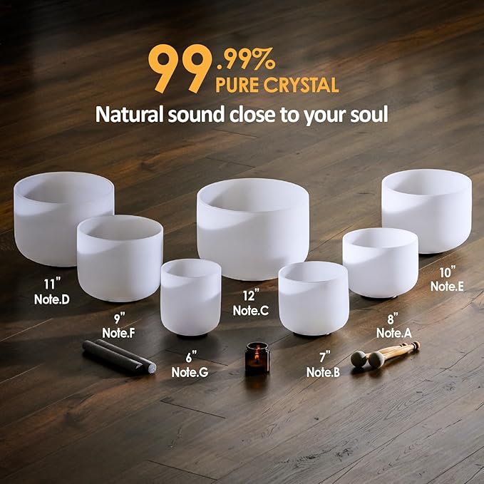 432HZ 6-12 Inch Crystal Singing Bowl Set of 7 with 2 Pcs Green Heavy Carrying Case bag, Frosted Quartz Crystal Sound Healing bowls for Chakra, Meditation, Sound Therapy
