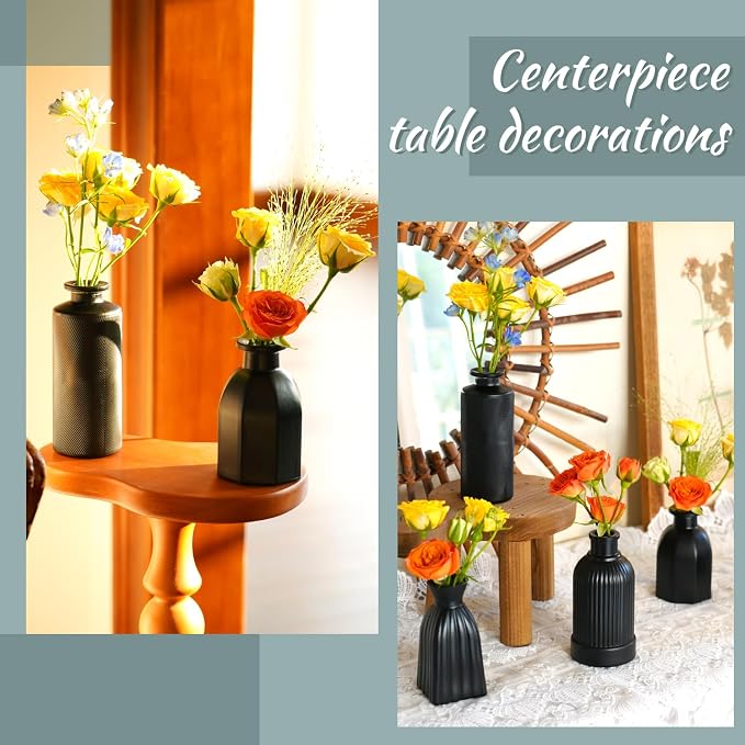Black Vase, Bud Vases Set of 12 Small Glass Vase for Decor Centerpieces | Matte Ribbed Modern Vintage Flower Vases for Wedding Party Table Decoration Home Decor in Bulk