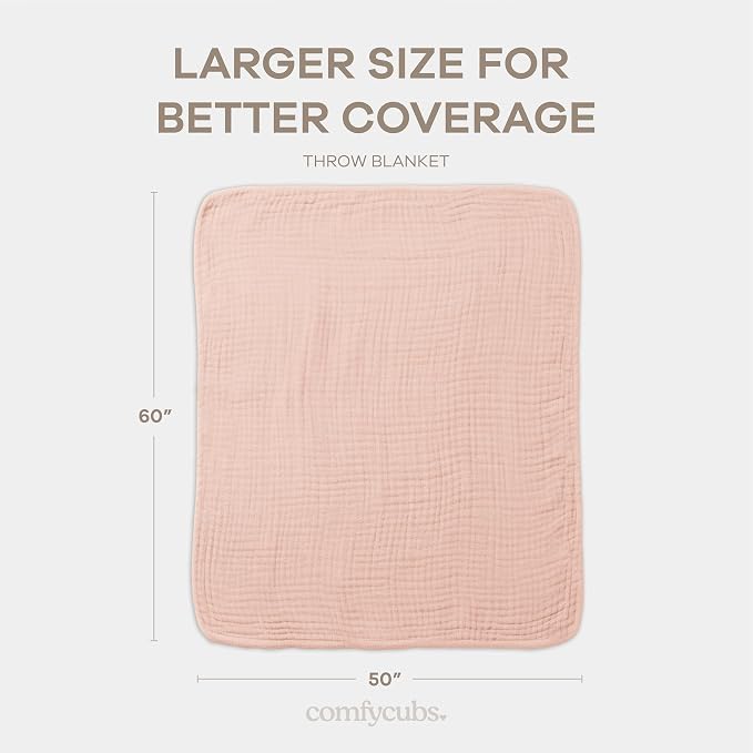 Comfy Cubs Adult Muslin Blanket 50x60” Throw Swaddle Blankets, Blush | 6 Layer Soft, Breathable & Lightweight Muslin Adult Blanket - Machine Washable & Designed in the US Bedding for All Seasons