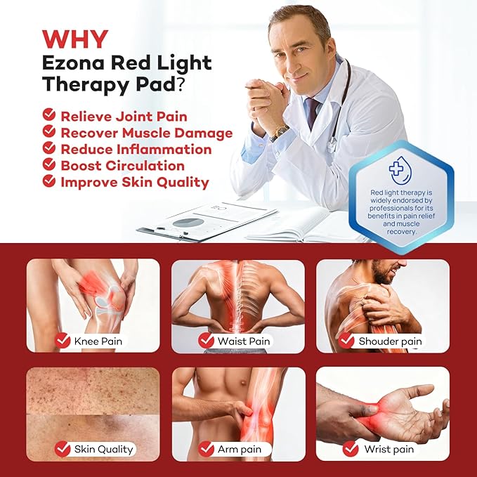 Ezona Red Light Therapy Pad for Body, 24 x 12 inch Large Infrared Light Therapy with 660/ 850nm for Back Pain Relief, High-Output 242 LEDs Light with Remote Control for Shoulder Waist Knee Muscle Pain