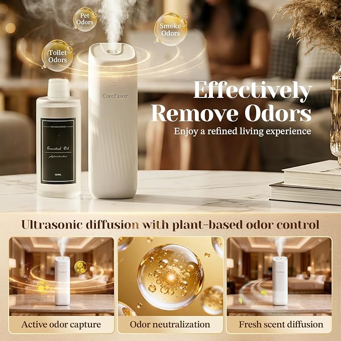 Waterless Essential Oil Diffuser (M60) with 2x120ml Oil, Portable Battery-Operated Cold Air Aroma Scent Machine, 4 Adjustable Intensity Levels, Quiet Diffuser for Bedroom Office Bathroom Car