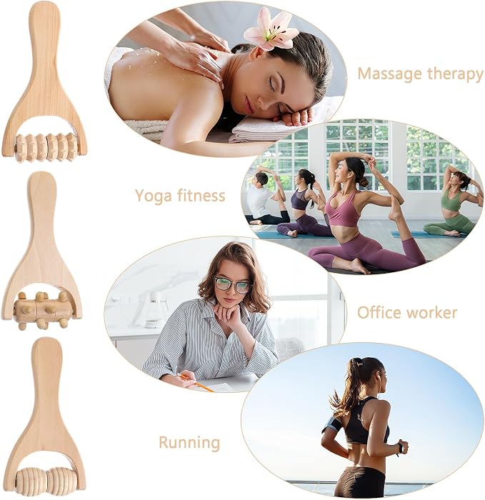 Abeillo 3Pcs Wood Therapy Massage Tools Wooden Massage Rollers, Hand Massage Tools Manual Muscle Roller Stick for Relaxes Thigh, Leg, Hands Full Body Muscle Men Women