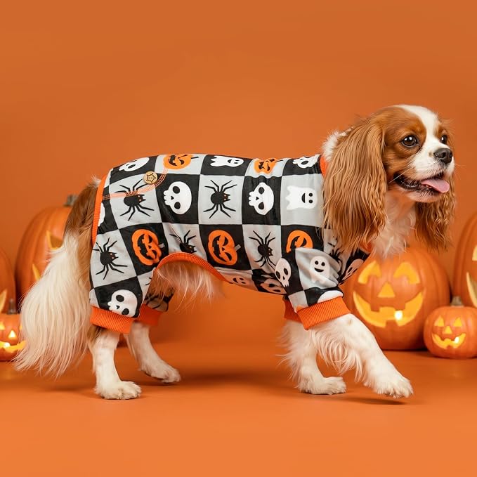 KYEESE Dog Halloween Pajamas for Small Dogs, Checkered Pumpkin Ghost | Cozy Halloween Outfit, Great for Halloween Photos, 4-Way Stretch, Lightweight & Breathable, Gentle on Sensitive Skin