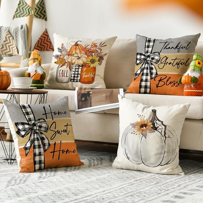 AVOIN colorlife Fall White Pumpkin Vase 18x18 Inch Pillow Covers Set of 4 | Home Sweet Home Autumn Thankful Grateful Blessed Harvest Floral Seasonal Harvest Decoration Sofa Couch Farmhouse Decor