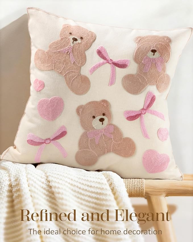 Animal Embroidered Throw Pillow Cover 18x18 Inch, Cute Bears | Decorative Pillow Cover, Farmhouse Cushion Cases with Hidden Zipper, Cottagecore Decor for Couch, Sofa, Living Room