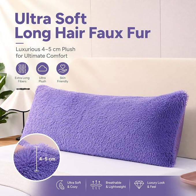 REAFORT Long Hair Faux Fur Body Pillow Cover 21"x54", Hidden Zipper (Lilac) | Ultra-soft long hair faux fur with a hidden zipper offers luxurious comfort and is machine washable for easy care.