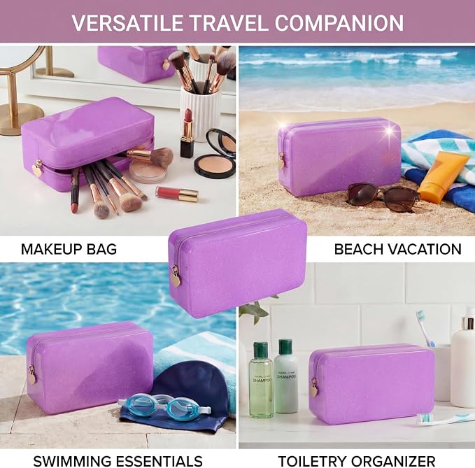 RSRSLEII Stardust Twinkle Jelly Travel Makeup & Toiletry Bag, Waterproof PVC Cosmetic Bag/Case for Women，Zipper SPF Beach Bag for Sunscreen Skincare and Daily Essentials (07Purple-Large)