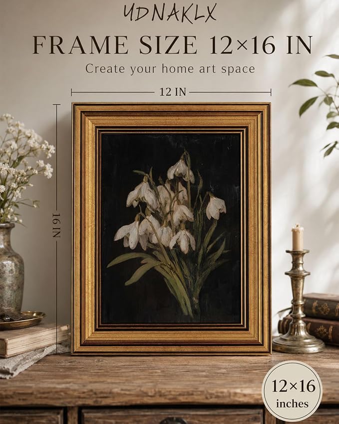 Gold Framed Wall Art, Vintage Snowdrop Flower Canvas Prints, Old World Botanical Still Life Picture Wall Decor, Moody Dark Academia Rustic Floral Artwork for Living Room Bedroom 12x16 inch