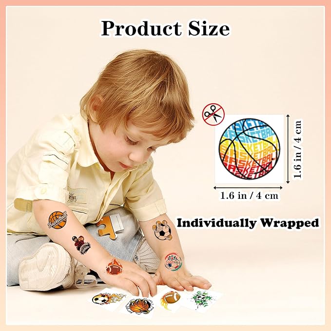 102 PCS Individually Wrapped Sports Temporary Tattoo for kids - Soccer Basketball Baseball Football Temporary for Girls Boy Body Arm Shoulder Cute Tattoos Stickers Supplies Gifts for Kids