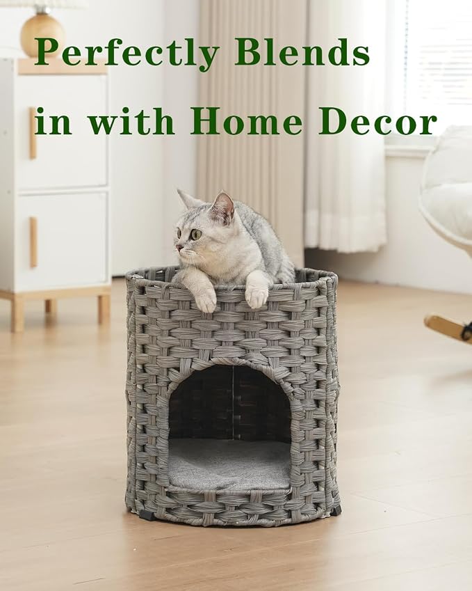SETVSON Cat House for Indoor Cat, Small Handwoven PE Rattan Cave, Gray | Foldable Pet Kitten Bed Covered, Comfortable Double-Sided Cushion, 13x13x13.7 Inches, Quick 5-Minute Assembly