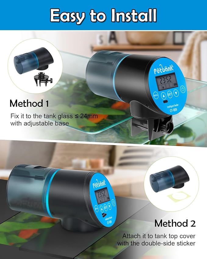 Automatic Fish Feeder for Aquarium Easy Setup & 4 Timers Blue | 200ML Rechargeable Auto Food Dispenser for Flakes & Pellets, LCD Display, Vacation Feeding for Small Tank Betta Koi Turtle