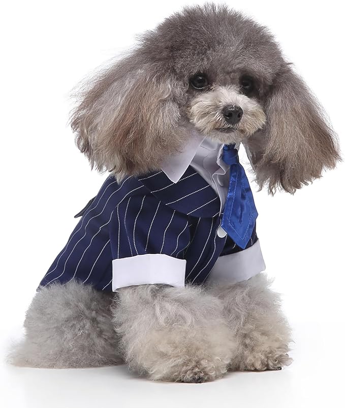 GabeFish Pets Wedding Jackets Suit for Dogs with Bow Tie Puppy Cat Formal Clothes Shirt Tuxedo (BlueStriped, L (Chest 17.3in/44cm)