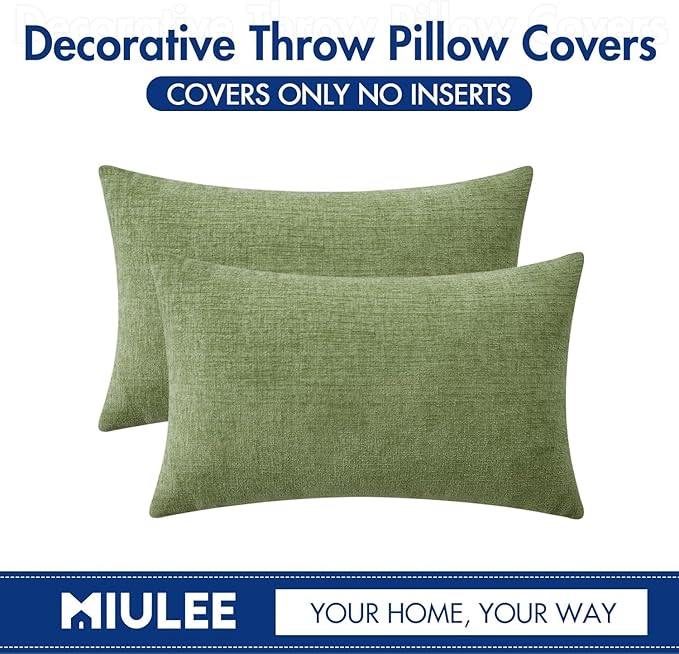 MIULEE Soft Chenille Lumbar Throw Pillow Covers Sage Green 14x22 Pack of 2 | Modern Home Decor, Classic Decorative Pillows, Solid Dyed Cases, Boho Couch Cushion Covers for Sofa Bed Living Room