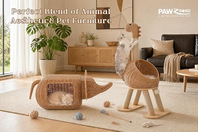 PAWZ Road Elephant Rattan Cat Bed, Indoor Outdoor Condo for Large Cats | breathable rattan cat house, 51L interior fits large cats 15lbs, wicker cat bed with removable cushion