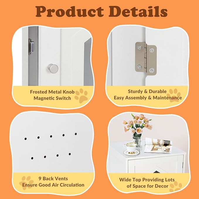 ZENY Cat House & Side Table, Pet Cat Litter Box Enclosure with Vent Holes, Wooden Enclosed Cat Washroom, White