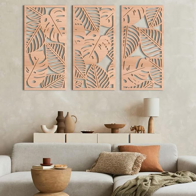 IARTTOP Large Wood Tropical Wall Art 15.9X32 Inch Carved Palm Leaves Wall Decor Coastal Leaf Monstera Plant Wall Sculptures for Living Room Bedroom Set of 3