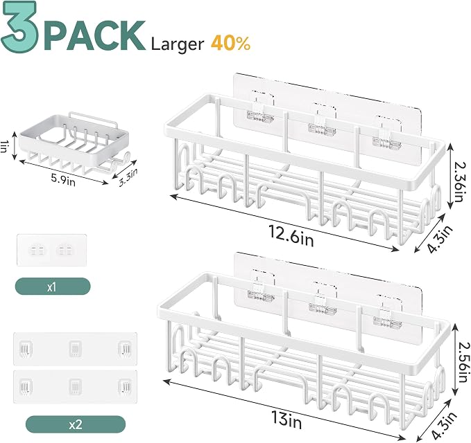 Veken Shower Caddy 3-Pack, Advanced Rustproof Design, No Drilling Adhesive Shelves, Rack with Soap Holder, Large Capacity Bathroom Organizers and Storage, Wall-Mounted Kitchen & Home Decor, White