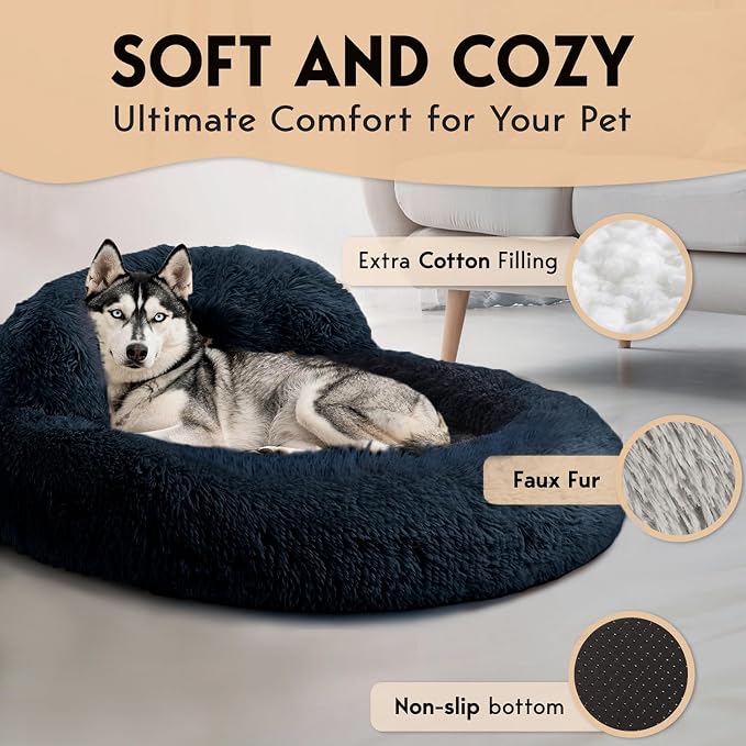 PetJett Dog Beds Large Sized Dog - 36'' Calming Round Bed, Washable Dog Bed - Anti-Slip Super Soft Donut Bed, Fluffy Faux Fur Anti-Anxiety Premium Comfort Pet Bed, Fits Dogs up to 80 lbs - Dark Grey