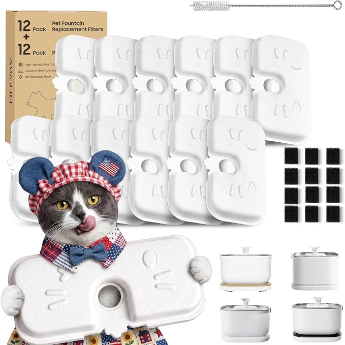 12+12 Pack Cat Water Fountain Filters Compatible with PET Water Fountain PLWF106/116/115/105/005, 6-Month Set of Replacement Filters for Pet water fountain (12 Filters + 12 Sponges)