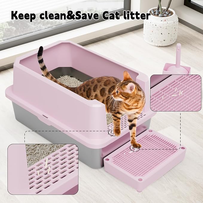RIZZARI Stainless Semi-Closed Litter Box: High-Sided Open for Large Cats | 304 Stainless Bottom / 6.5" High Splash Guard / Low Front Entry / Spacious for Large Breeds / 30-Second Tool-Free Assembly