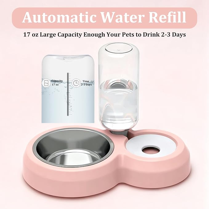 YSHOME&PET Double Dog Bowls, Cat Food & Water Bowl Set with Water Dispenser | Detachable Durable Stainless Steel Bowl Gravity Feeder for Small or Medium Size Dogs Cats Kittens Rabbits Bunny Easy to Clean