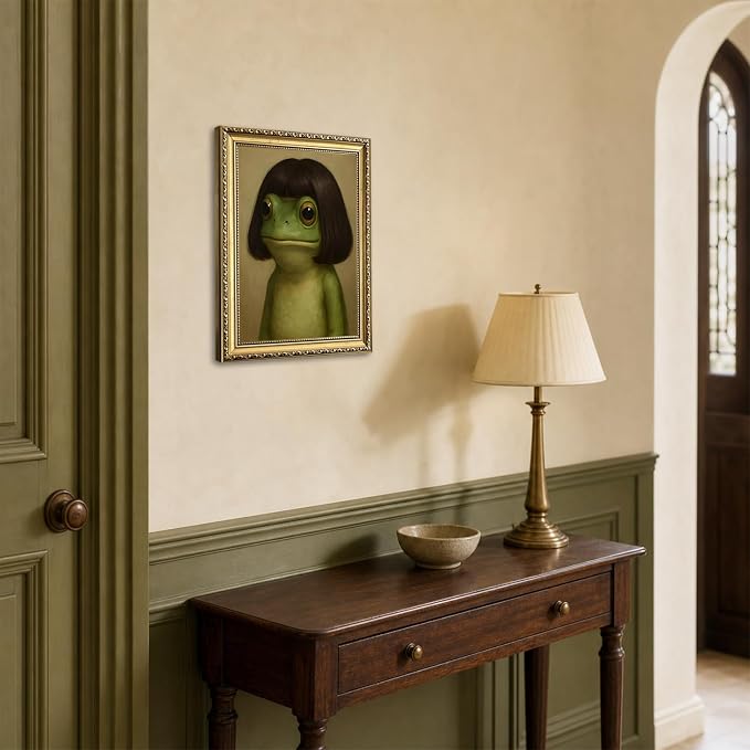 Gold Framed Funny Frog Wall Art, Whimsical Green Frog Wall Decor Painting Cute Animal Poster Canvas Prints Artwork for Living Room Bedroom Bathroom 16x24 inch
