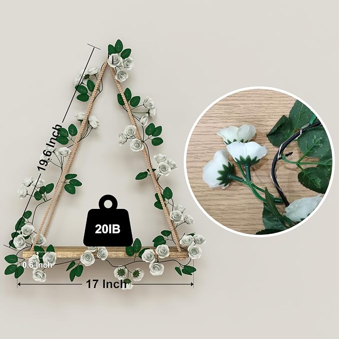 RICHER HOUSE Hanging Floating Shelves No Drill, Macrame Plant Wall Shelf | 2 Set Boho Trinket Shelf with Artificial Ivy and LED Lights, Cute Wall Art Aesthetic Decor, for Bedroom, Two-Way Install