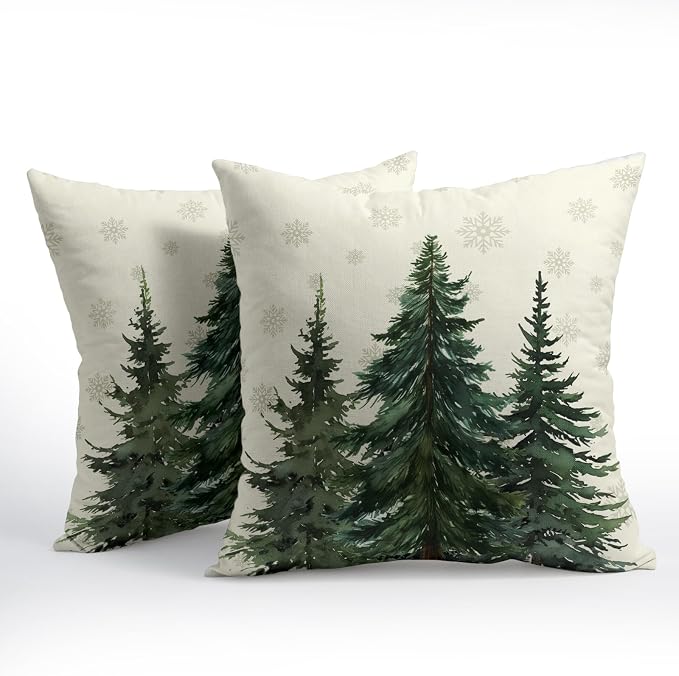 Kawani Winter Forest Throw Pillow Covers 18x18 Inches, Set of 2 Xmas Snow Green Pine Trees Cotton Linen Pillow Protectors Cushion Case for Seasonal Farmhouse Sofa Couch Bed Home Decor