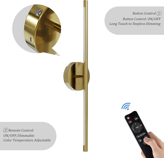 32" Battery Operated Wall Sconce Set of 2, 350° Rotating Lamp, Gold | Wireless, 8000mAh Rechargeable Battery, Stepless Dimming, 3000K-6000K, Remote & Touch Control, Timer, Living Room, Bedroom