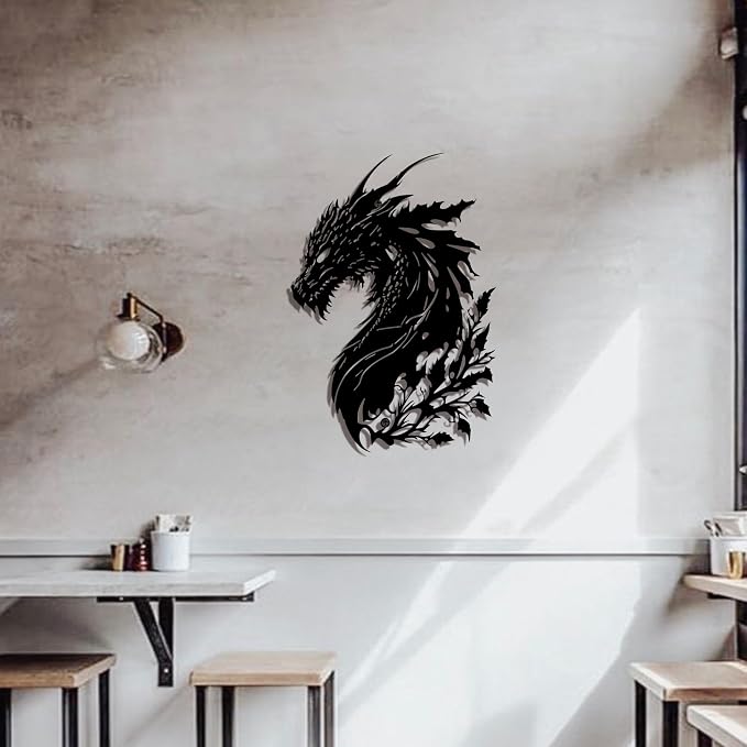 Black Metal Dragon Wall Art, 3D Medieval Decor for Men Cave, Fantasy Gift | 3D black dragon wall sculpture, perfect medieval fantasy decor for man caves, game rooms, or unique gifts
