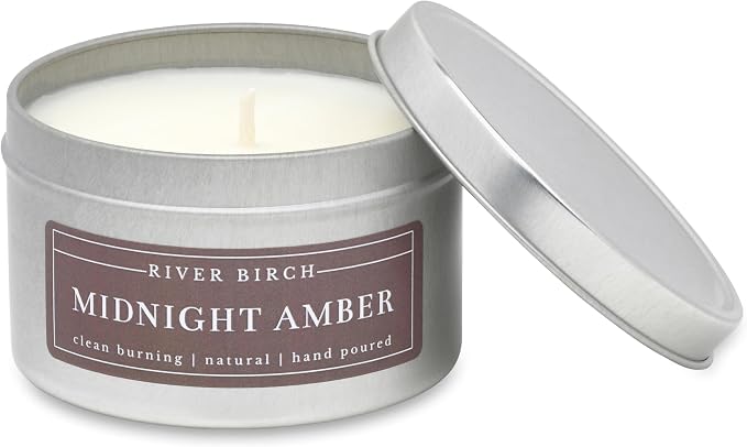 River Birch Candles Midnight Amber Scented Candle | Premium, All-Natural, Non-Toxic, Soy Wax | 8 oz. Silver Travel Tin | Cozy Relaxing Gifts for Home