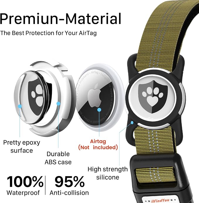 Waterproof AirTag Dog Collar with QR Code Dog Tag, Champagne S | IP68 waterproof, QR code dog tag, Anti-Lost, Online profile, fits XS-L (8"-26"), Padded nylon, Reflective, No App, No Fees
